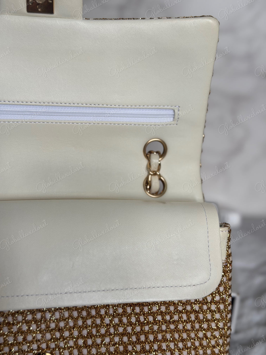 CHANEL series 17 Beige/Ivory Gold Tweed Medium ML Timeless Classic Double Flap Bag 2012 with LGHW