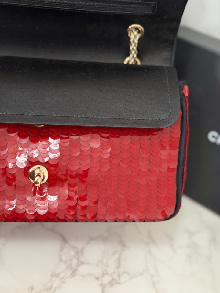 CHANEL series 13 2010 Red Sequin and Black Satin Paris-Shanghai Medium Flap Bag Gold Hardware