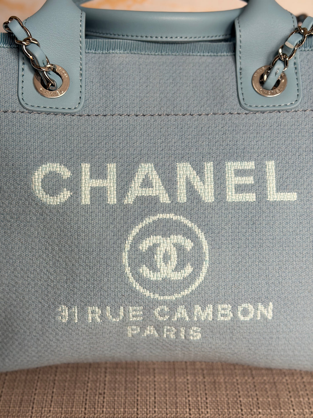 CHANEL Blue Tweed Deauville Tote Bag size SMALL with leather top handle SHW 2022