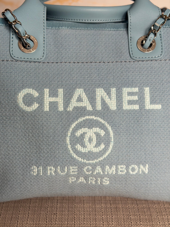 CHANEL Blue Tweed Deauville Tote Bag size SMALL with leather top handle SHW 2022