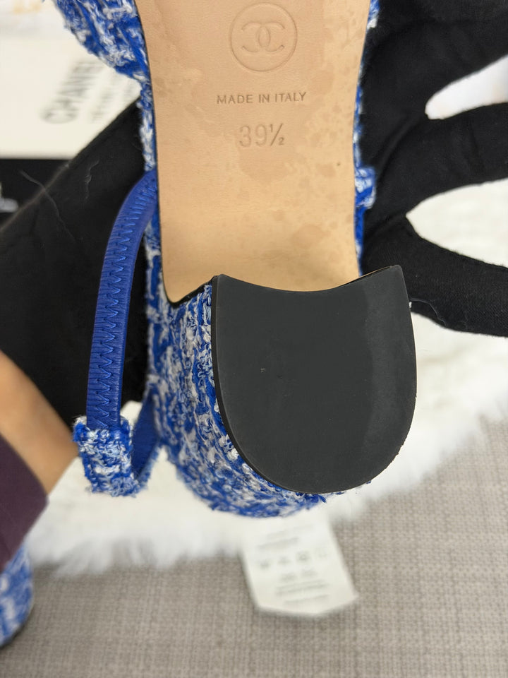 CHANEL 23P Cobalt Blue SHW Tweed Slingback shoes with kitten heels