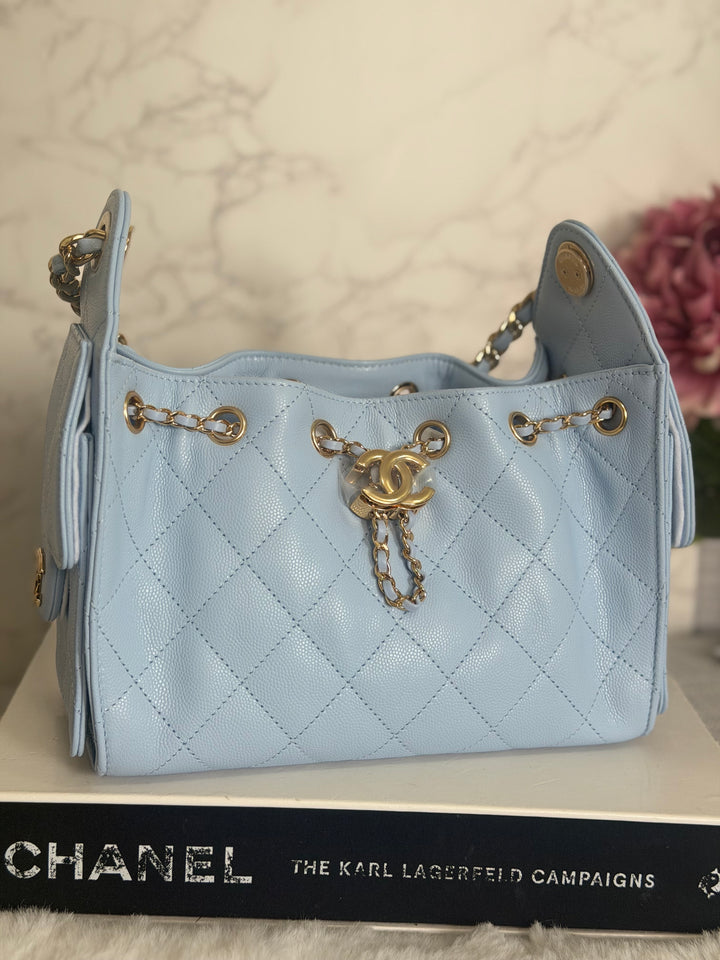 CHANEL 26B Light Sky Blue Caviar shiny GHW 25 Mini Hobo Bag 2026