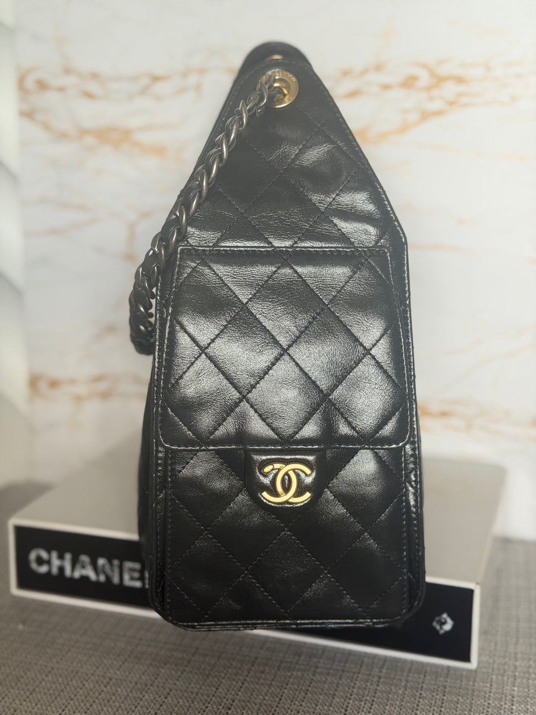 CHANEL Black Shiny Calf Skin Mixed Hardware 25 Hobo Bag size SMALL 2025/2026