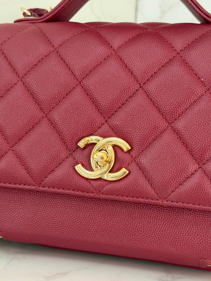 Chanel series 28 19B Collection 2019 Burgundy Caviar Business Affinity Flap Bag with Champagne GHW size Medium