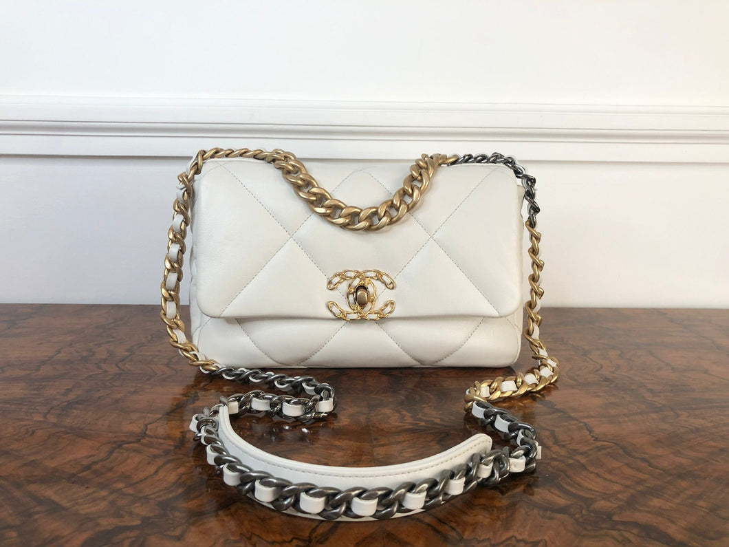 Chanel 19 size Small from series 30 White Goat Skin Mixed Hardware Flap Bag