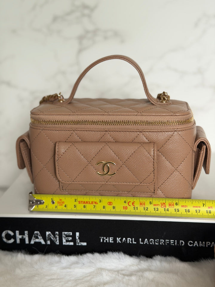 CHANEL Dark Beige Caviar Cargo Polly Pocket Vanity Case with Top Handle GHW 2023