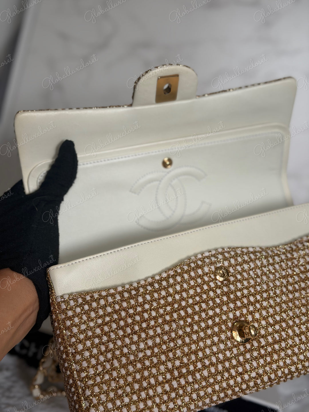 CHANEL series 17 Beige/Ivory Gold Tweed Medium ML Timeless Classic Double Flap Bag 2012 with LGHW