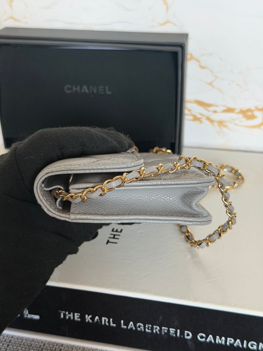 CHANEL 21B Coco Chain Grey Caviar Mini Clutch with Chain 2021