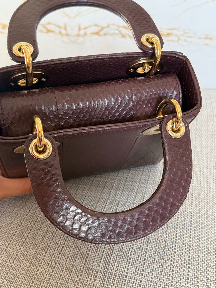 Dior Lady Dior MINI Burgundy Dark Red Python Leather 2018 LGHW