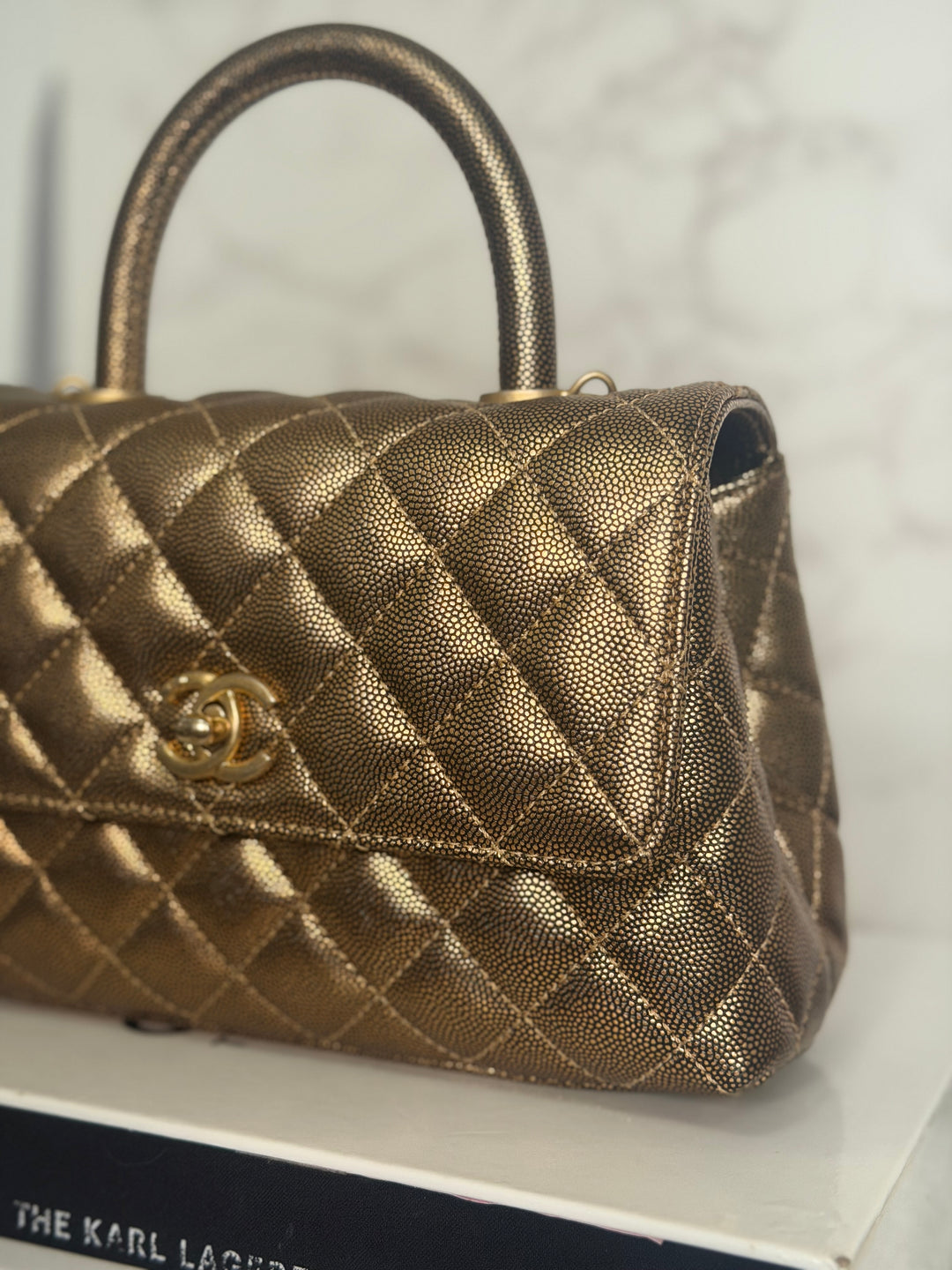 CHANEL series 28 19A Metallic Bronze Gold Caviar Aged GHW Coco Handle Flap Bag size SMALL with detachable shoulder strap 2019