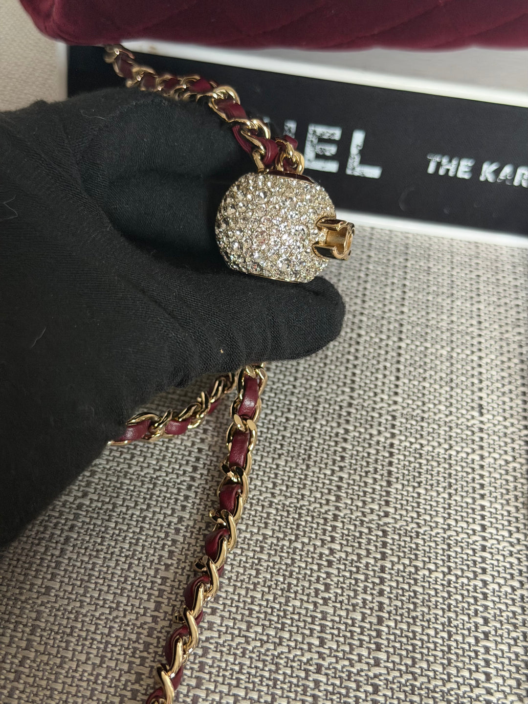 CHANEL series 31 Burgundy Dark Red Velvet Crystal Pearl Crush Adjustable Strap Mini Rectangular Flap Bag 2020/2021