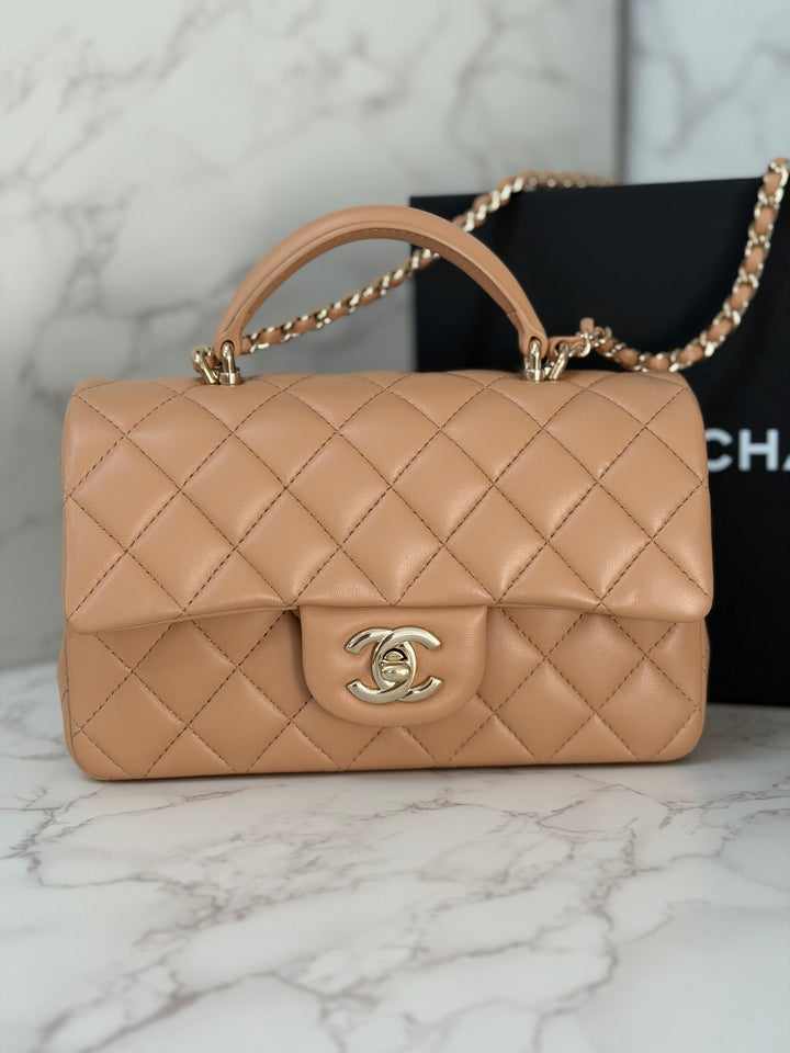 CHANEL 23K 2023 Dark Beige NR649 Lambskin LGHW Mini Rectangular Flap Bag with Top Handle