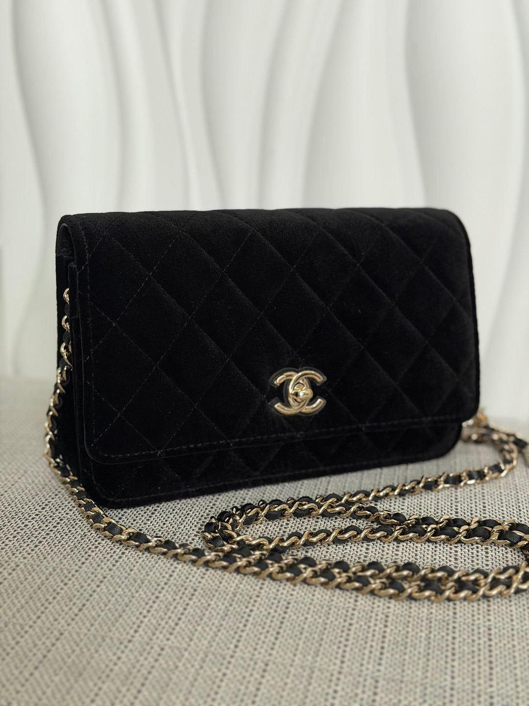 CHANEL 2025 Black Velvet Crystal Pearl Crush Adjustable Strap Wallet on Chain (WOC)