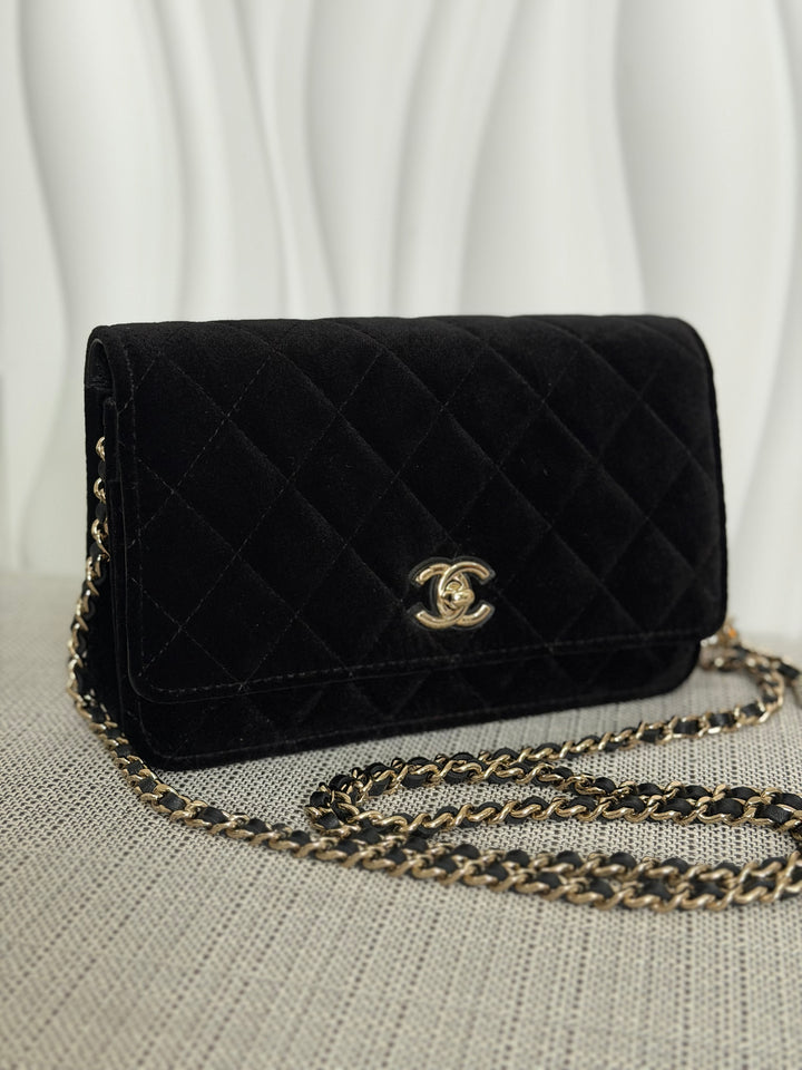 CHANEL 2025 Black Velvet Crystal Pearl Crush Adjustable Strap Wallet on Chain (WOC)