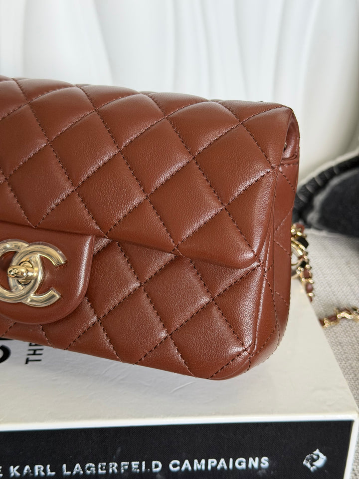 CHANEL 26S Brown Lambskin Adjustable Chain LGHW Mini Rectangular Flap Bag 2026