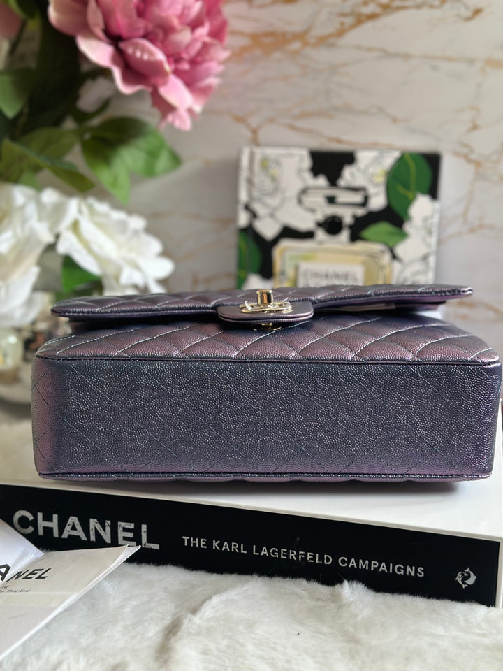 Chanel 22P Iridescent Purple Caviar LGHW Medium ML Timeless Classic Double Flap Bag
