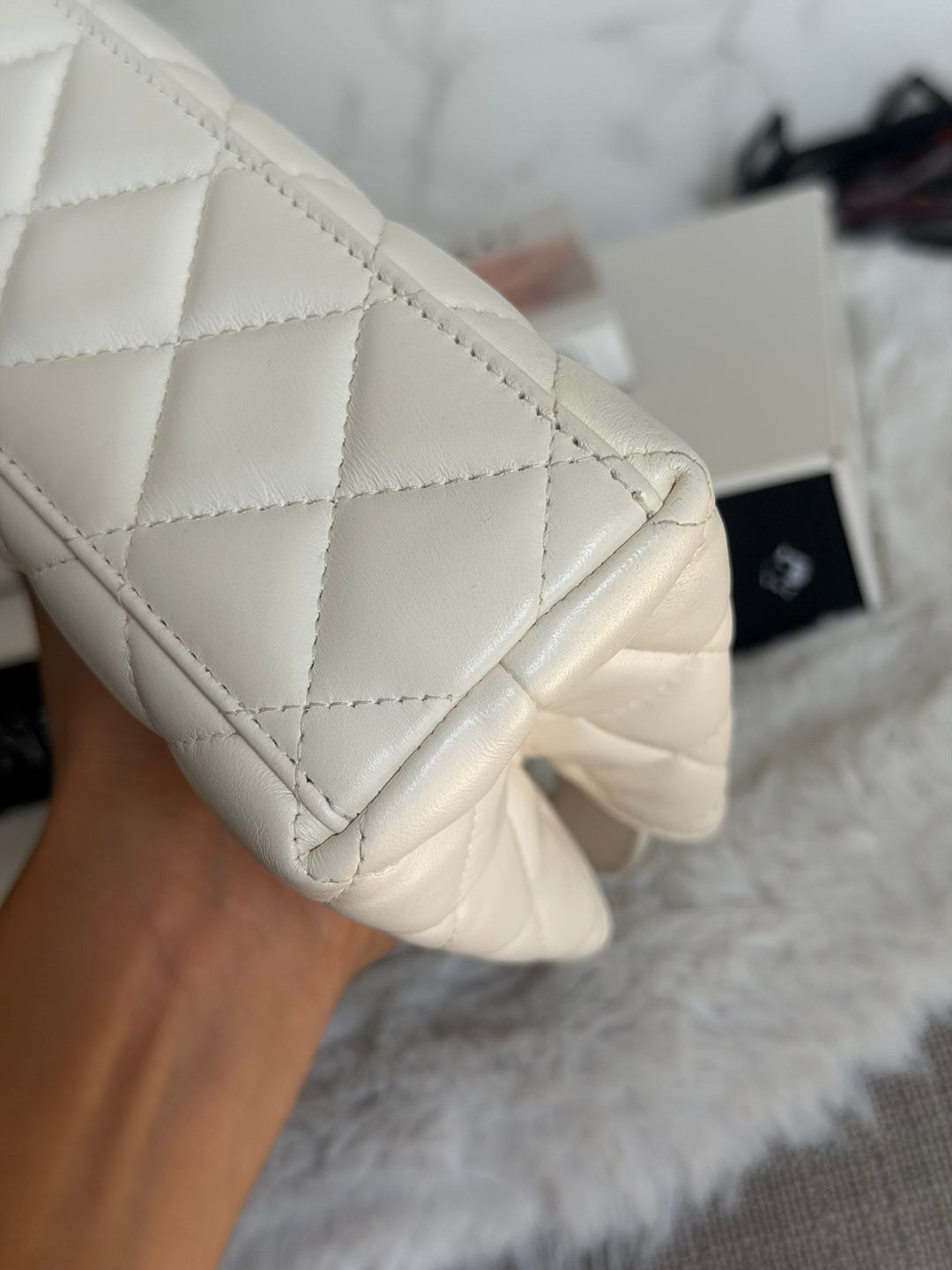 CHANEL White Calf skin Aged GHW Kelly Shopping Bag Size Small 2026