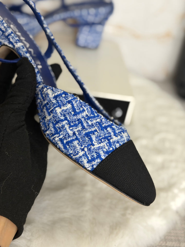 CHANEL 23P Cobalt Blue SHW Tweed Slingback shoes with kitten heels