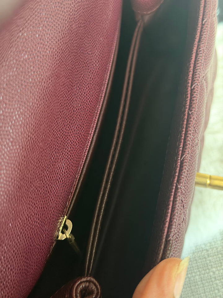 CHANEL series 26 Burgundy Caviar Aged GHW Coco Handle Flap Bag size SMALL with Pink sea snake handle 2018