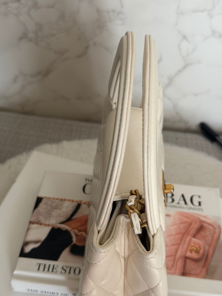 CHANEL White Calf skin Aged GHW Kelly Shopping Bag Size Small 2026