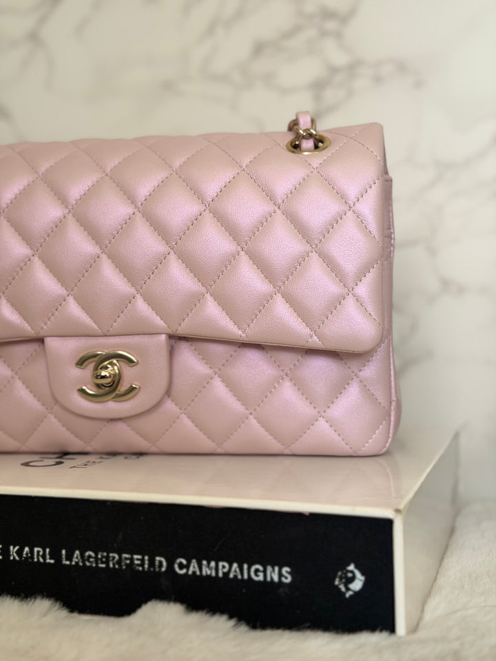 CHANEL 21S iridescent Pink Calf Skin LGHW Medium ML Timeless Classic Double Flap Bag series 31 2021