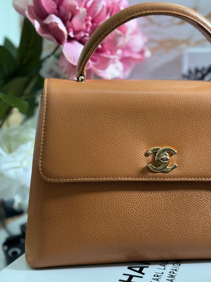 Chanel series 5 circa 1999 Kelly Top Handle Flap 24K GHW in Orange Caviar A12391