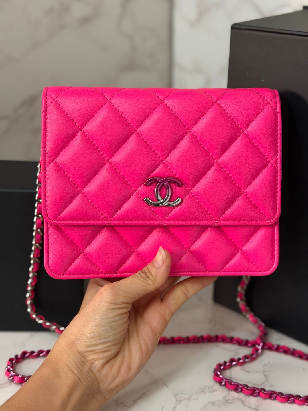 CHANEL 24C 2023/2024 Bright Hot Pink Ombré Hardware Square Wallet on Chain (WOC)