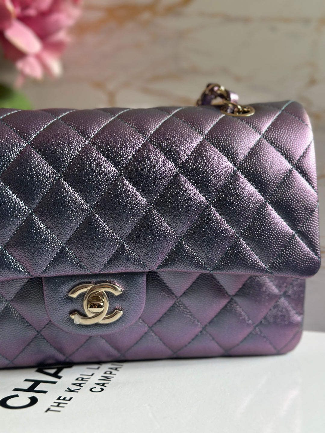 Chanel 22P Iridescent Purple Caviar LGHW Medium ML Timeless Classic Double Flap Bag