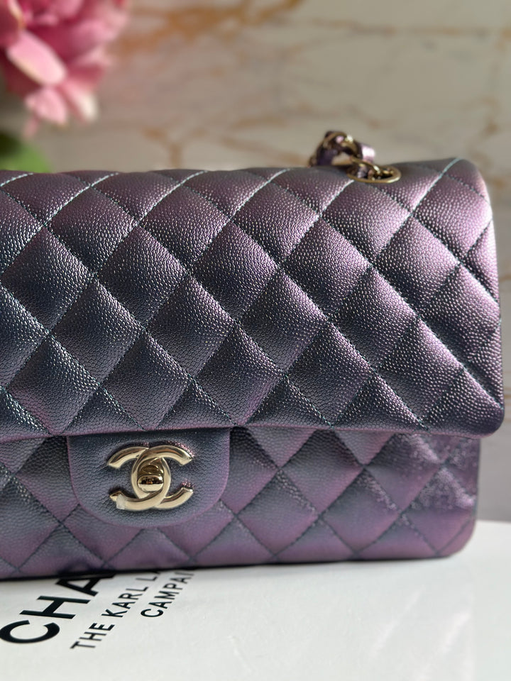 Chanel 22P Iridescent Purple Caviar LGHW Medium ML Timeless Classic Double Flap Bag