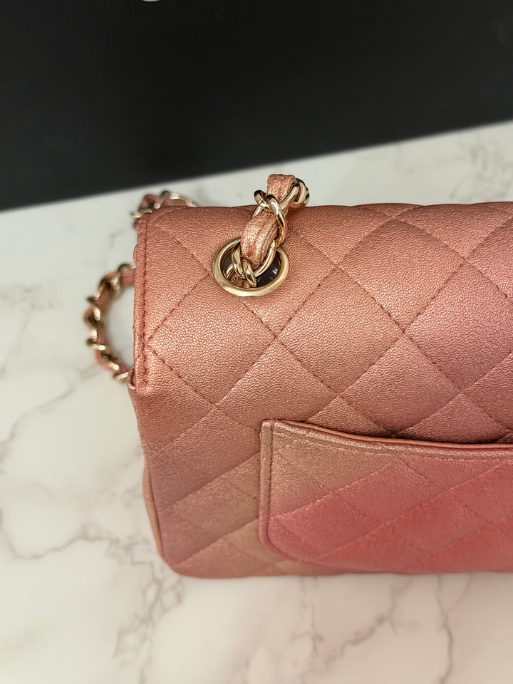 CHANEL 21S Ombré Rose Gold Metallic Copper Lambskin LGHW Mini Rectangular Flap Bag 2021