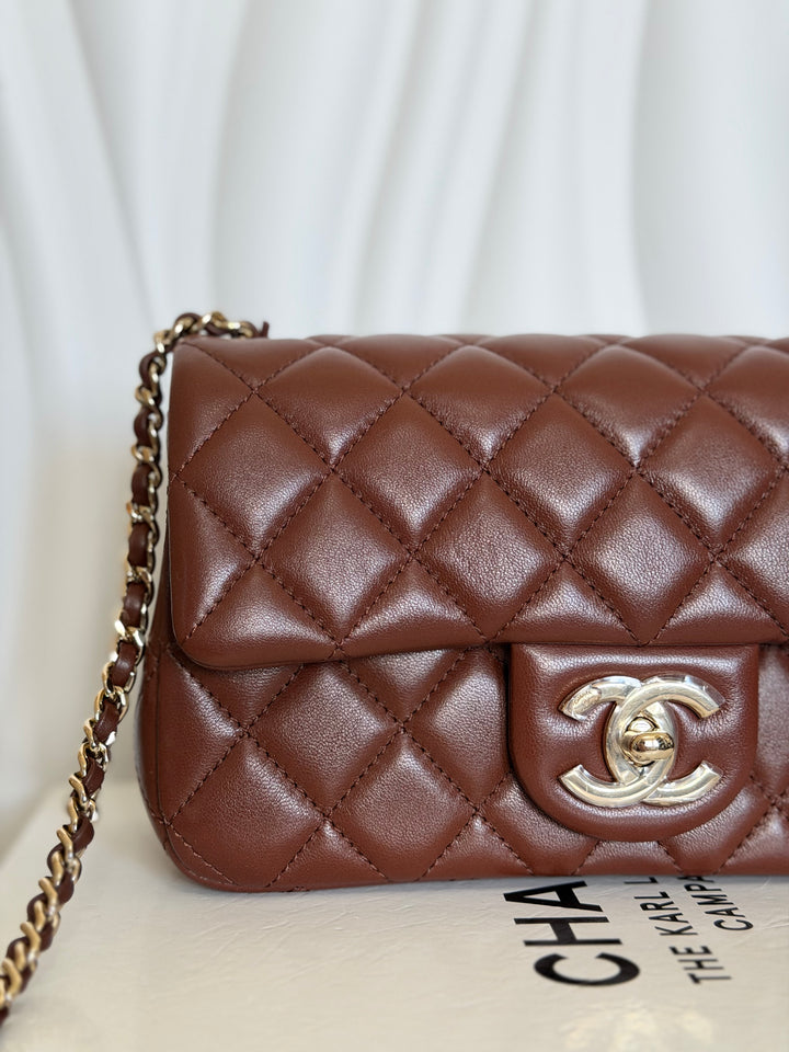 CHANEL 26S Brown Lambskin Adjustable Chain LGHW Mini Rectangular Flap Bag 2026