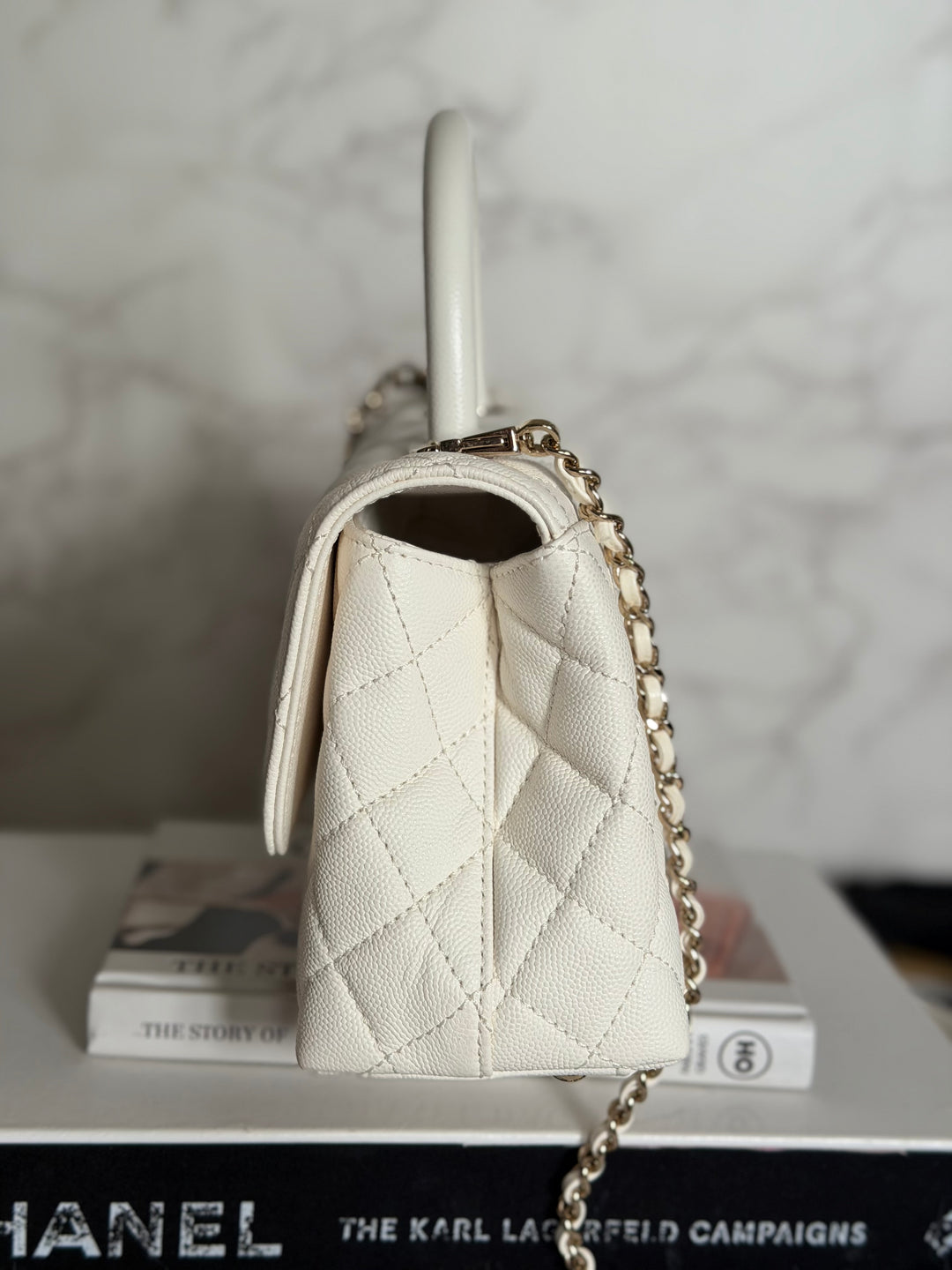 CHANEL White Caviar LGHW Coco Handle Flap Bag Size SMALL with detachable Strap Microchipped