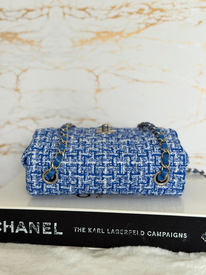 CHANEL 23P Cobalt Blue Muti Coloured Tweed Brushed SHW Mini rectangular flap bag 2023