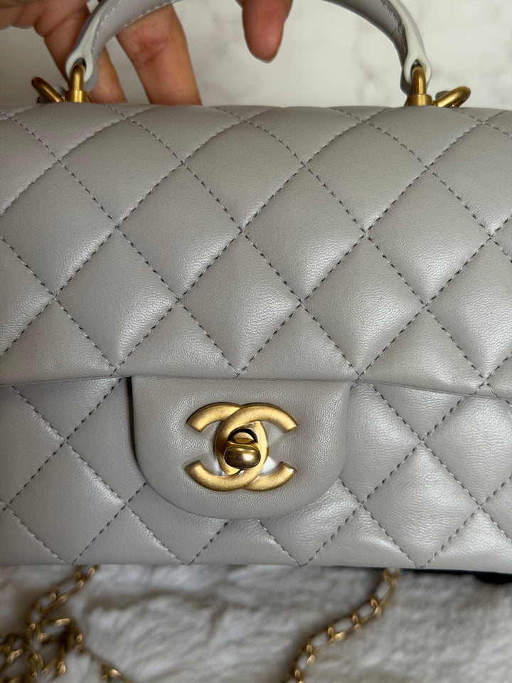 CHANEL 21A Grey Lambskin Aged GHW Top Handle Mini Rectangular Flap Bag 2021