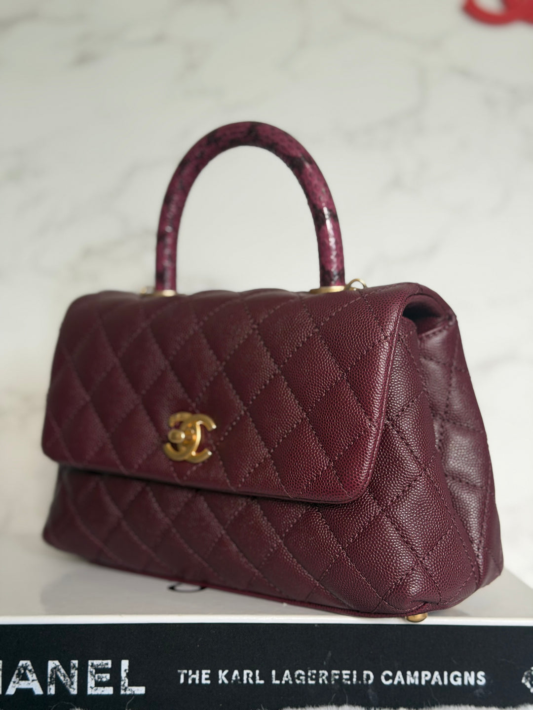 CHANEL series 26 Burgundy Caviar Aged GHW Coco Handle Flap Bag size SMALL with Pink sea snake handle 2018