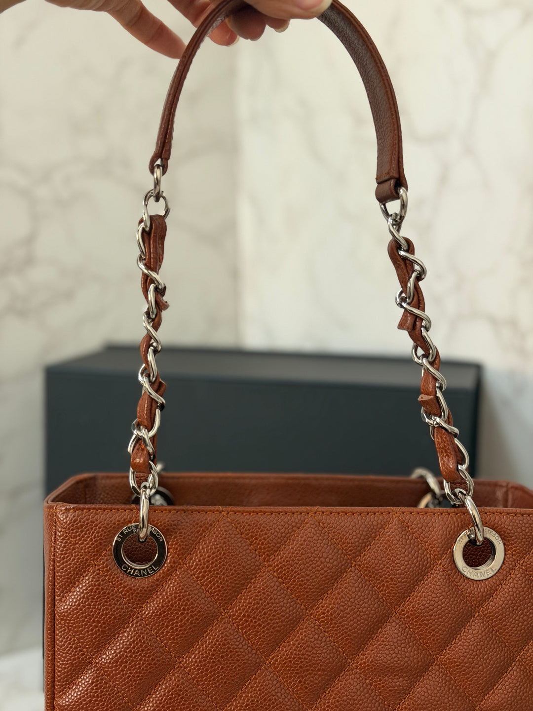 CHANEL series 19 Brown/Tan Caviar Petite Shopping Tote (PST) Bag