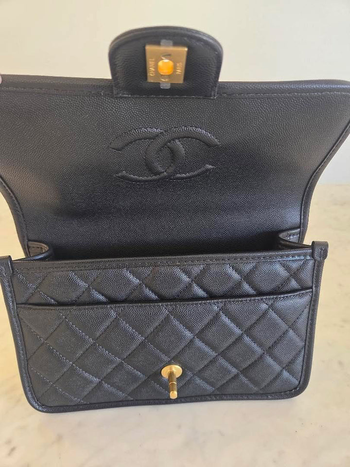 CHANEL 25B 2025 Top Handle Black Caviar Aged GHW with Charm