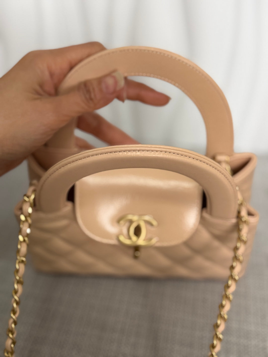 CHANEL 25C Powder Beige Calf Skin aged GHW Kelly Nano Shopping Bag Size Small 19 cms