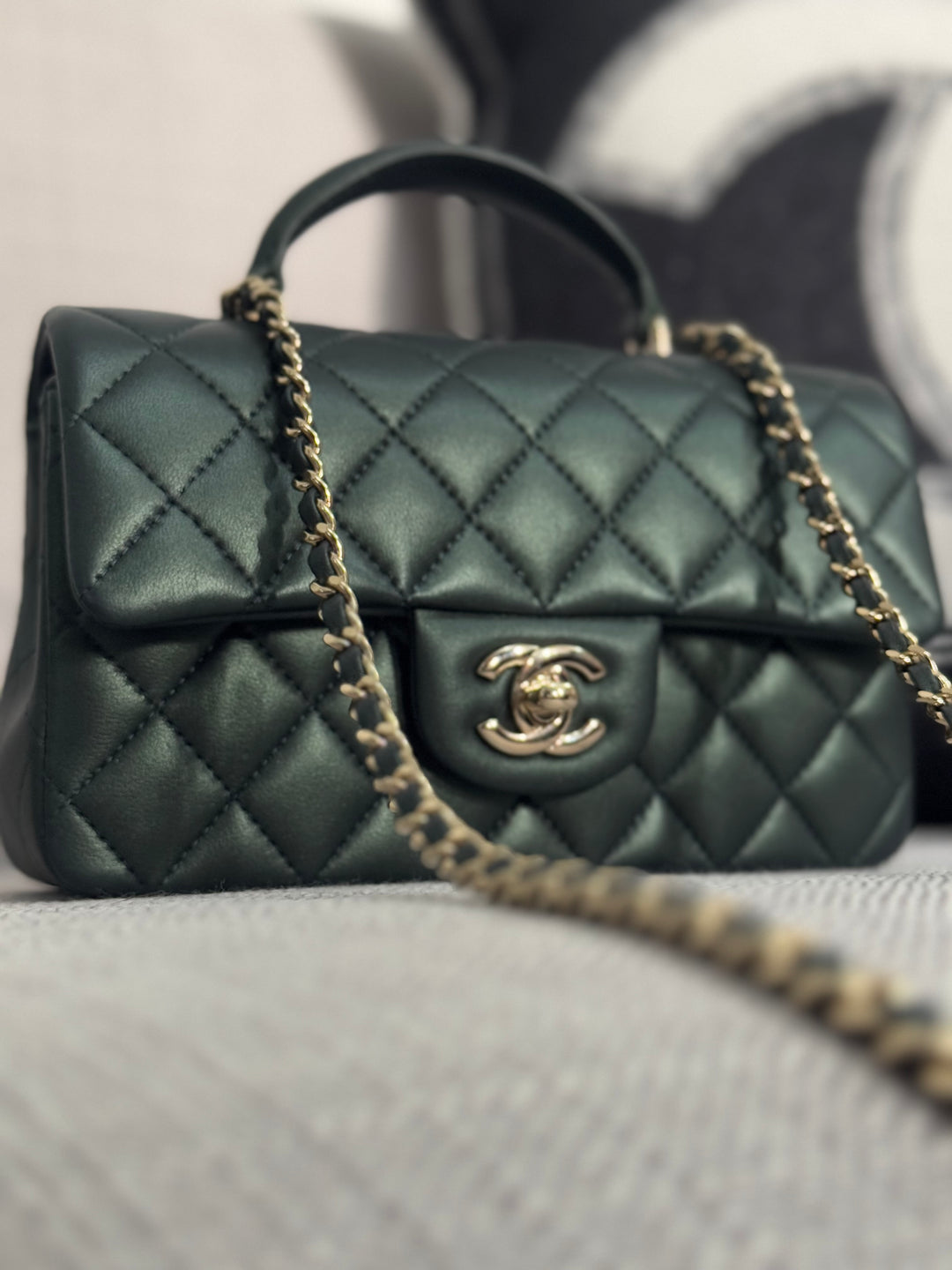 Chanel Iridescent Dark Green Lambskin Mini Rectangular Flap Bag with Top Handle and Champagne GHW
