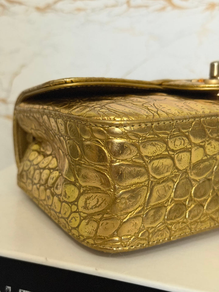 CHANEL series 28 19A Metiers d'Art collection Gold Croc Embossed Calf Skin Mini Rectangular Flap Bag with Aged GHW 2019 RARE