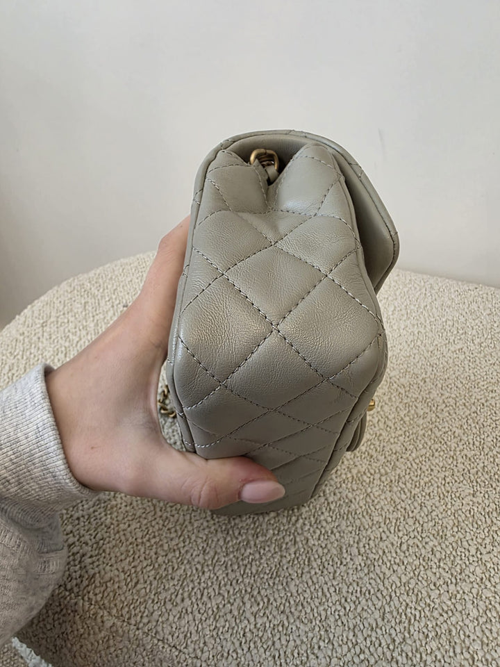 CHANEL Grey Lambskin Adjustable Chain Pearl Crush Mini Rectangular Flap Bag with Aged GHW