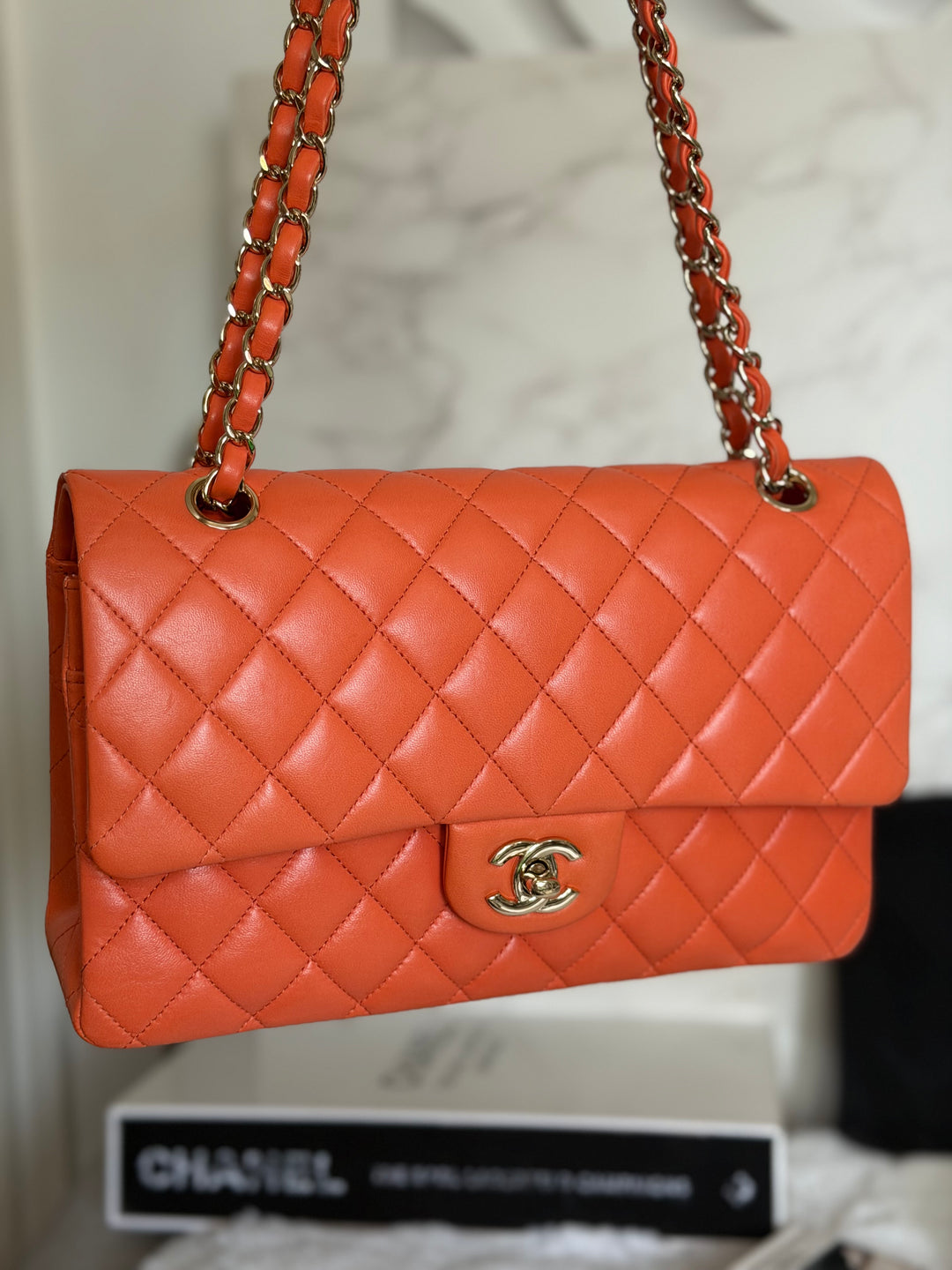 CHANEL 20S Orange Lambskin LGHW Medium ML Timeless Classic Double Flap Bag