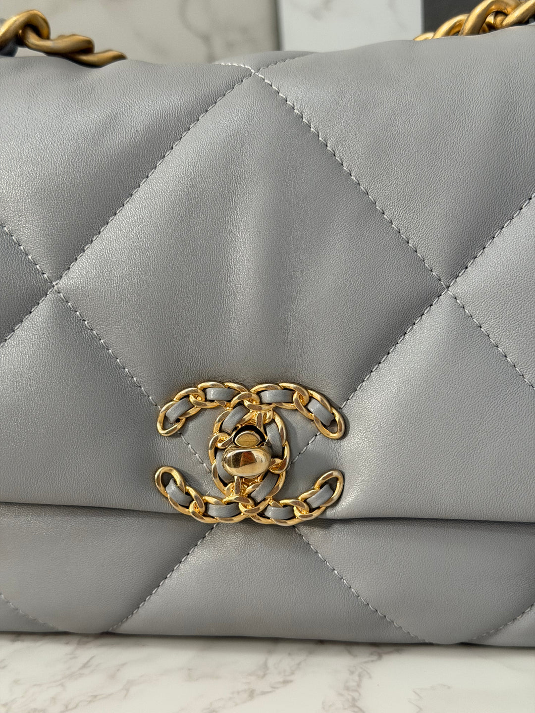 CHANEL 19 size Small Grey Lambskin Mixed Hardware 21B 2021 Flap Bag with Top Handle