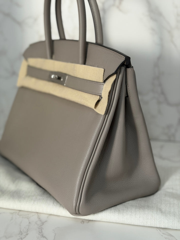 HERMES Gris Asphalt Leather Birkin 30 Bag Palladium Hardware Stamp D 2019