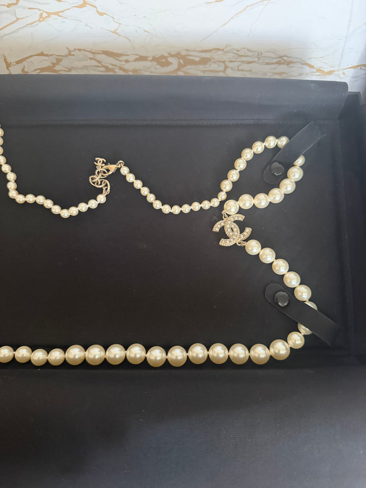 CHANEL Graduated Faux Pearl CC Necklace GHW