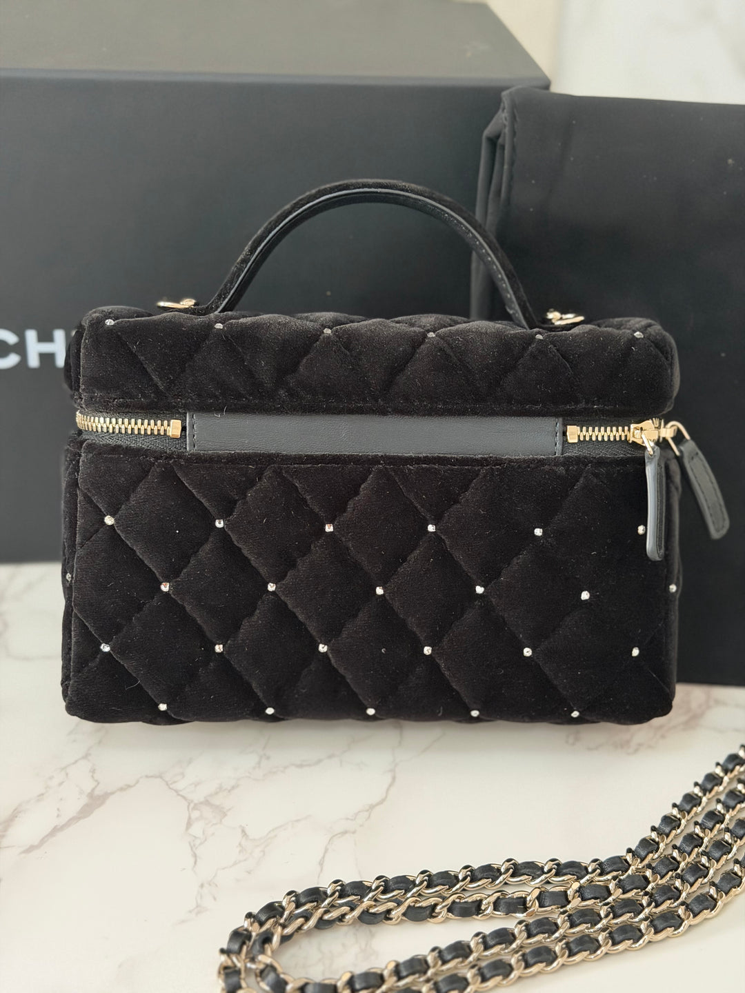 CHANEL 25K 2025 Black Velvet Diamanté Long Vanity with Detachable chain LGHW