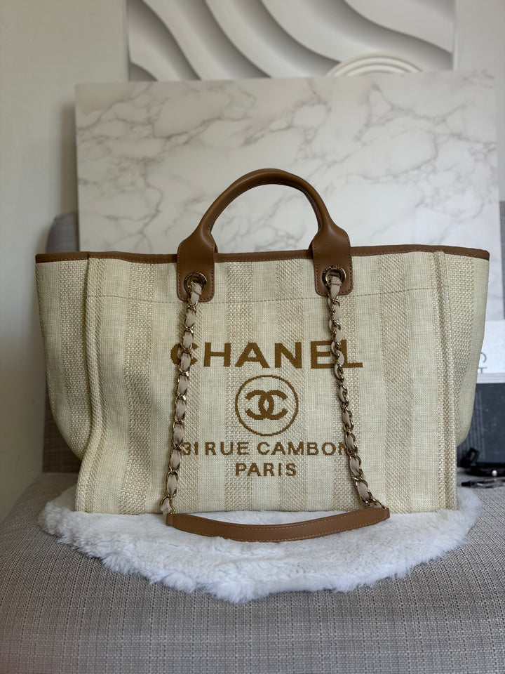 CHANEL series 29 Beige and Brown Stripe Medium 15 inches Deauville Tote Bag 2020