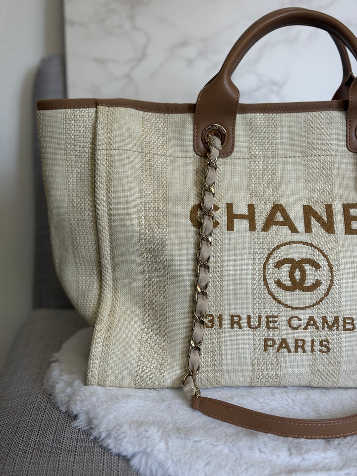 CHANEL series 29 Beige and Brown Stripe Medium 15 inches Deauville Tote Bag 2020