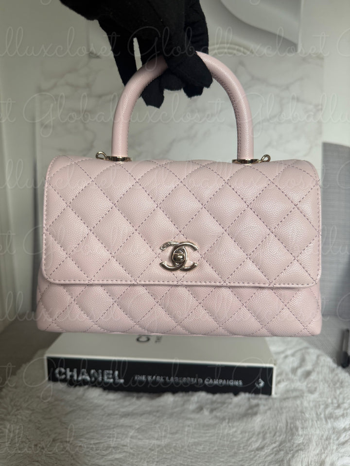 CHANEL 22P Light Pink Sakura Caviar LGHW Coco handle Flap Bag With detachable strap size Small 2022