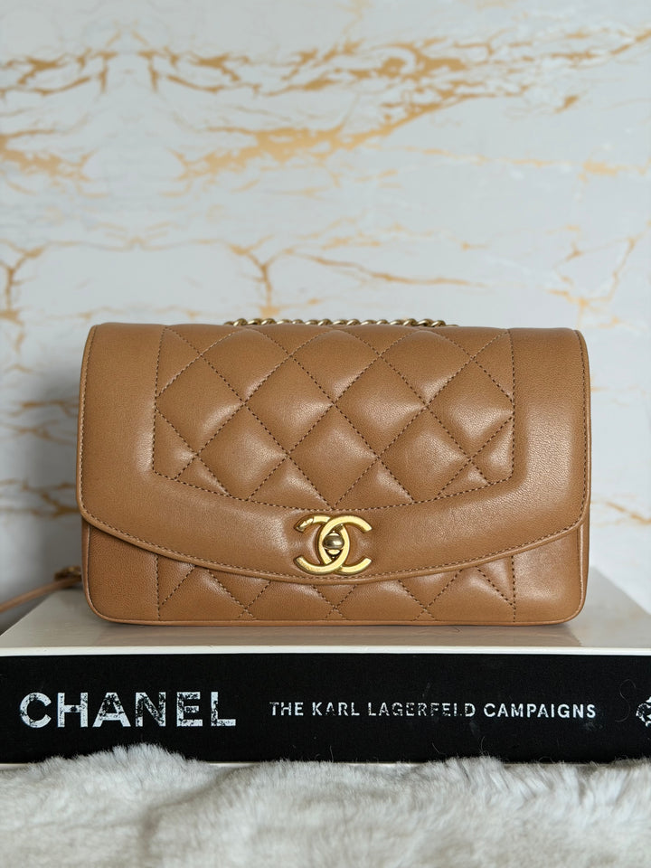 CHANEL series 21 Caramel Brown Lambskin aged GHW Diana Reissue Flap Bag size SMALL 2015